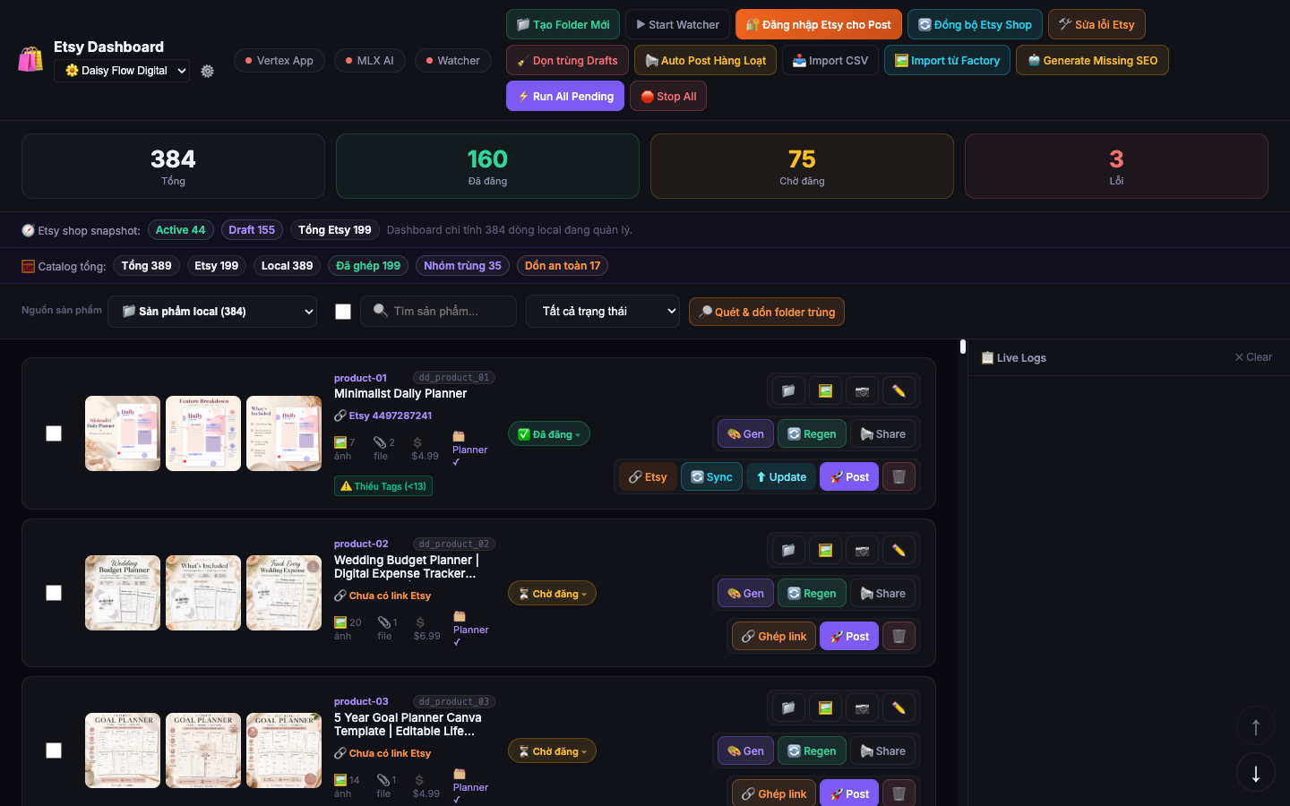 Live Etsy Pipeline operations dashboard with catalog, listing, and publishing controls