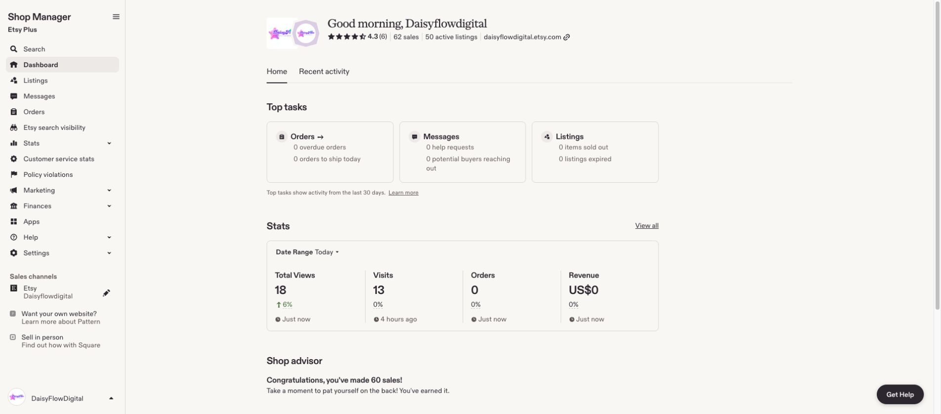 Live Daisy Flow Digital Etsy Shop Manager dashboard showing listings, orders, messages, statistics, and shop tools