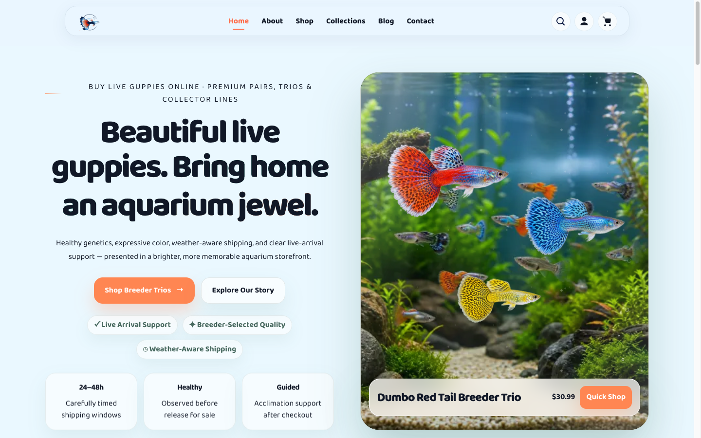 Live HiGuppy ecommerce storefront showing the customer shopping experience