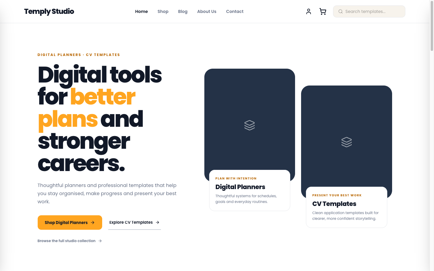 Live Temply Studio storefront showing digital planner and CV template collections