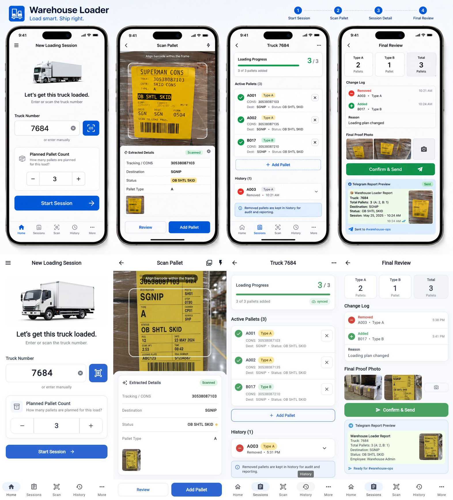Warehouse Loader mobile workflow from truck intake and barcode scanning through final review